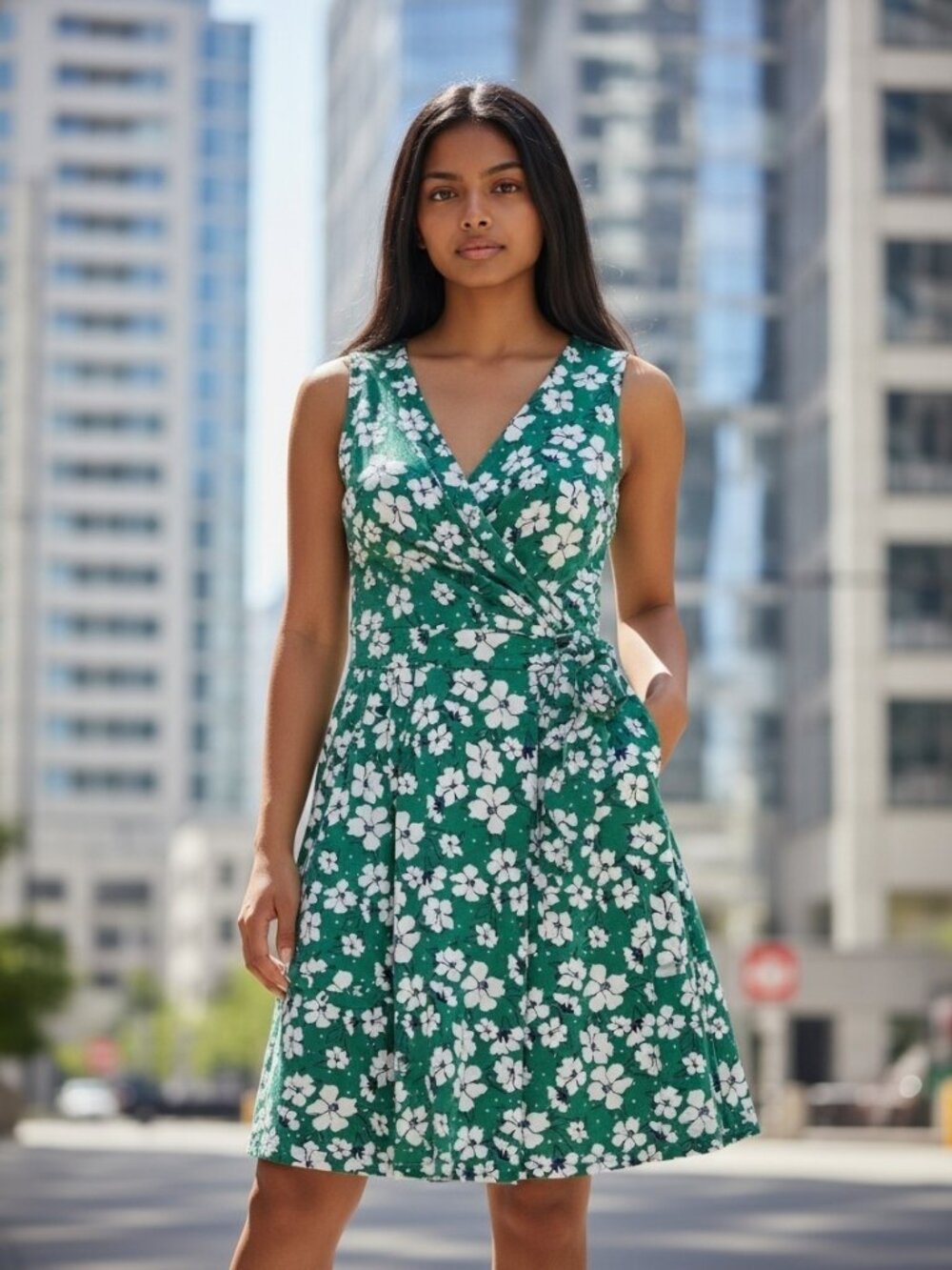 Lands End Sleeveless Fit and Flare Faux Wrap Dress, Size Med, Like New